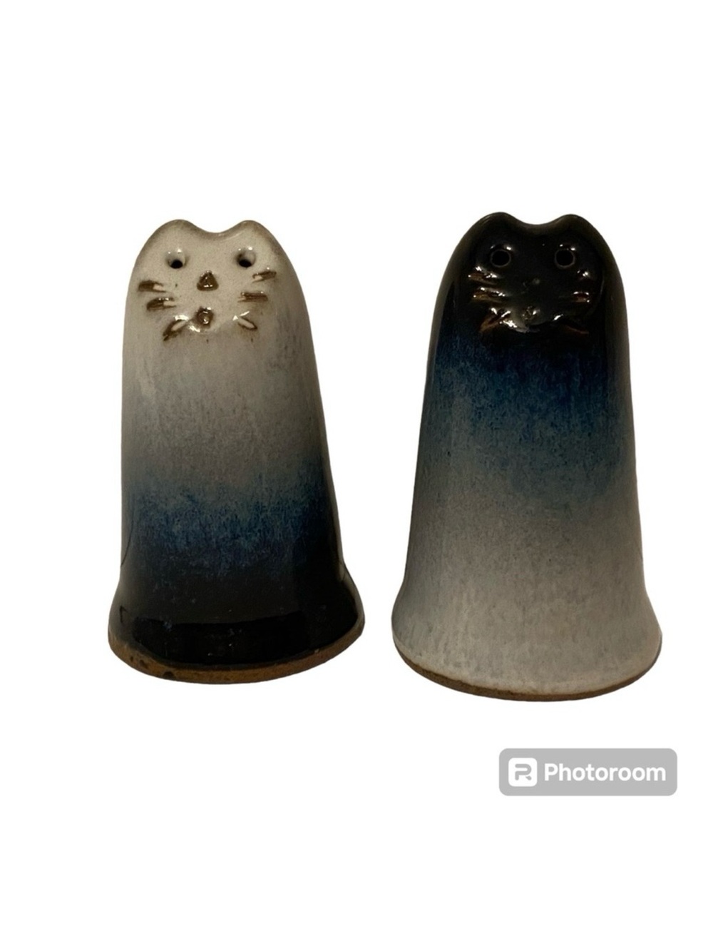 PETER POTS SALT PEPPER PAIR CAT KITTEN BLUE POTTERY NEW UNUSED HANDMADE HOME